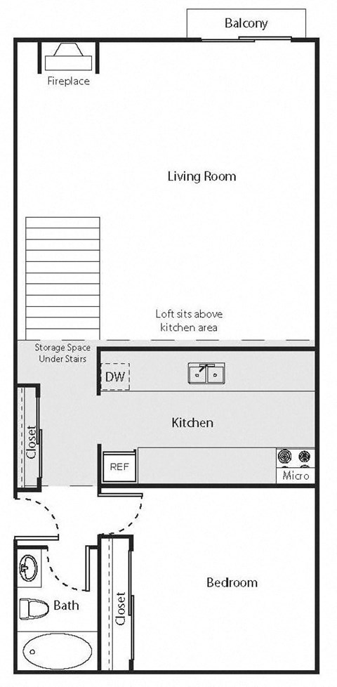 Floor plan for 1 bed, 1 bath, 715 sqft